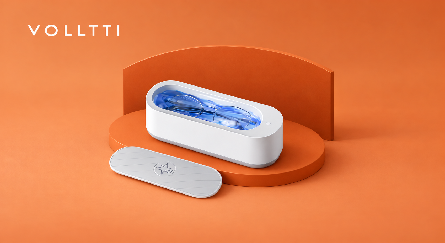 White LensBath cleaner and detached lid on an orange platform