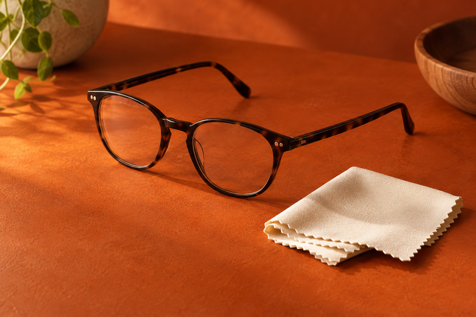 AI-generated illustrative scene of eyeglasses and microfiber cloth on an orange surface