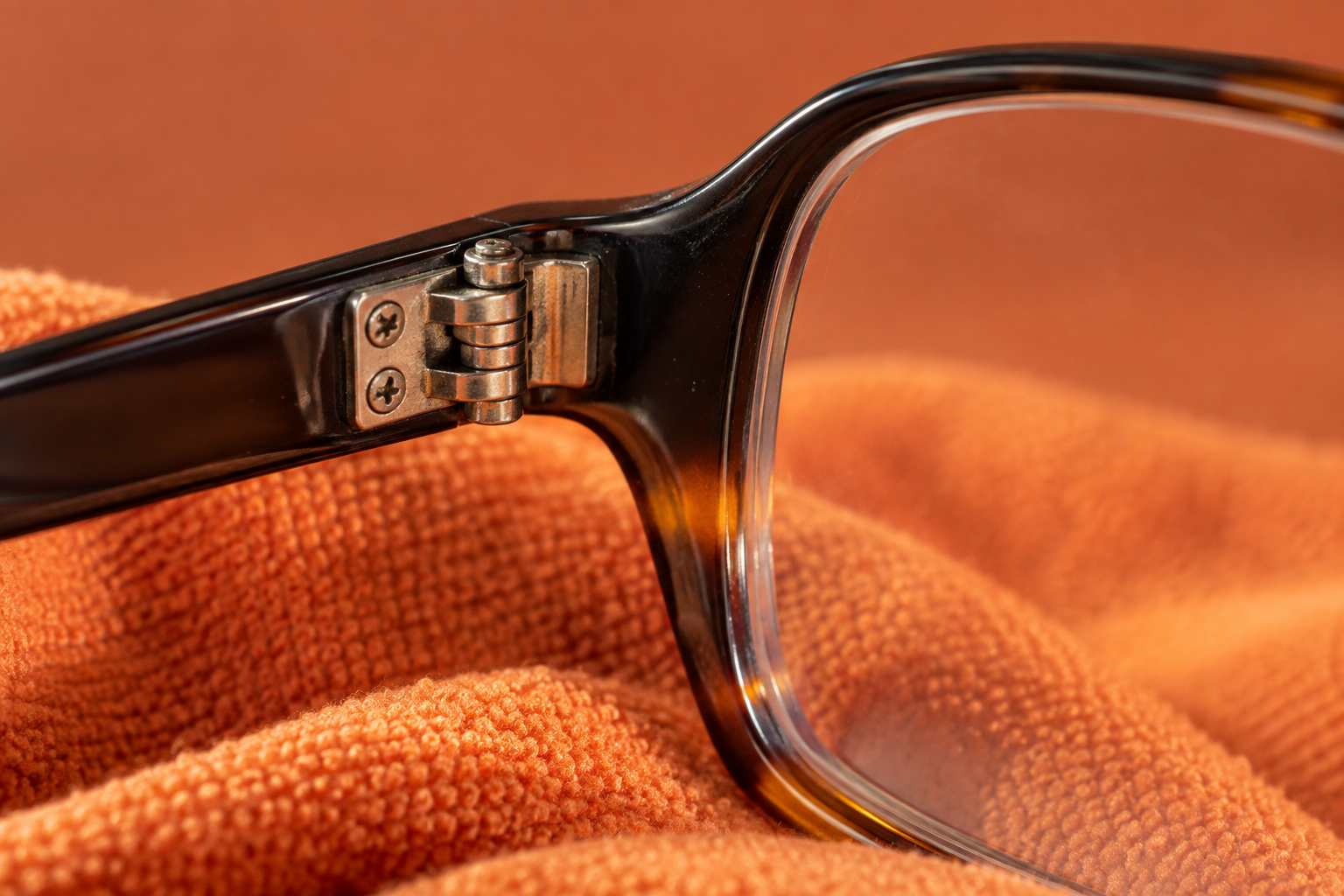 Illustrative close-up of an eyeglass hinge and lens edge on orange fabric